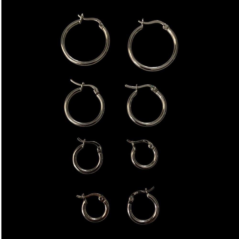 4Pairs Sterling Silver 925 Round Women's Pierced Hinged Hoop Earrings Polished